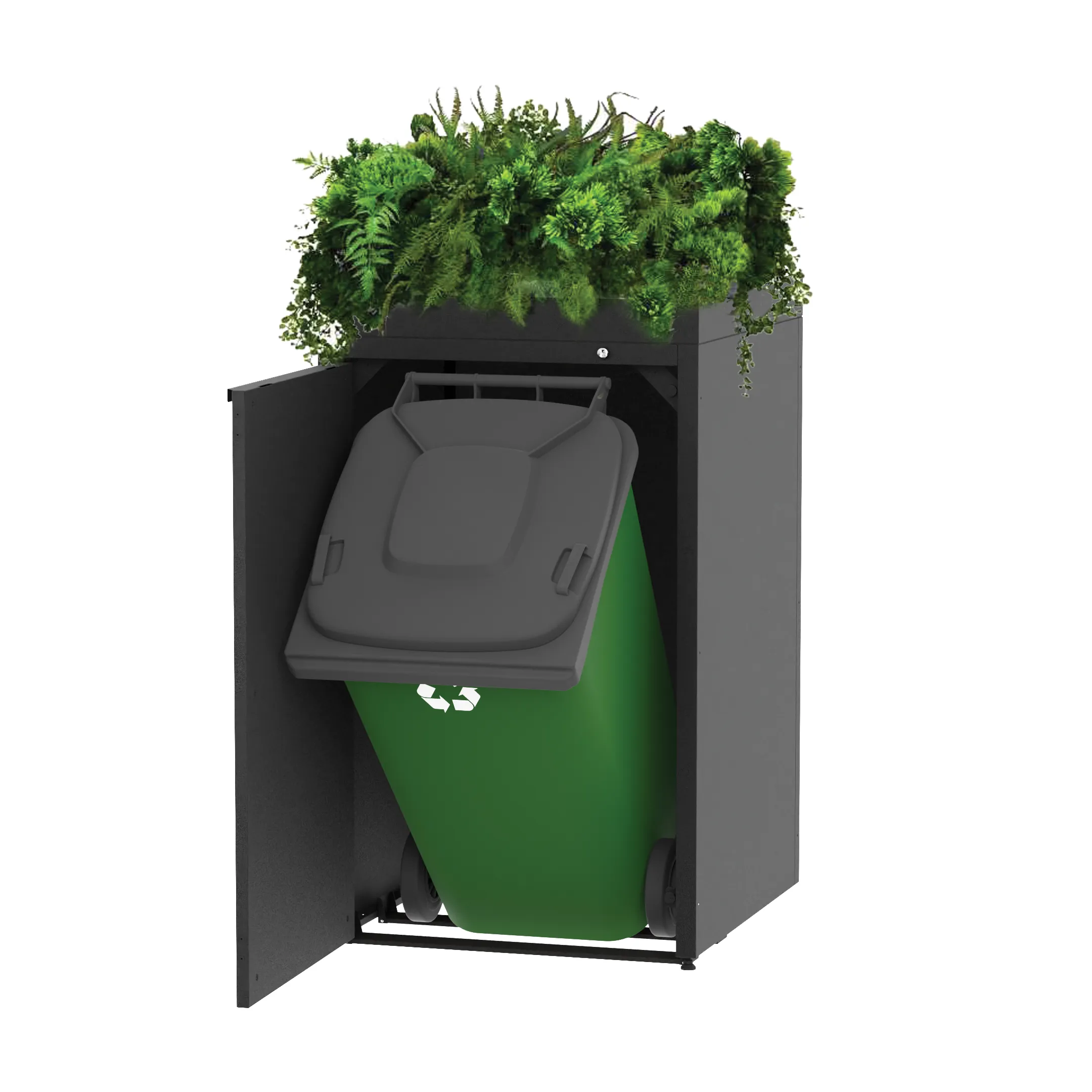 Metalowa obudowa śmietnika z kwietnikiem i z drzwiami